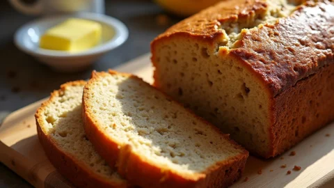 Freshly baked banana bread loaf sliced on a wooden board, with bananas, butter, and coffee in the background