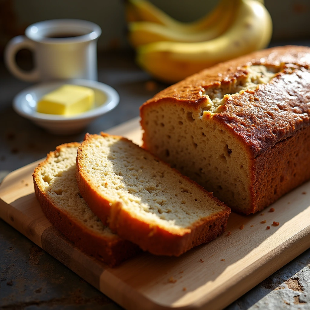 Freshly baked banana bread loaf sliced on a wooden board, with bananas, butter, and coffee in the background