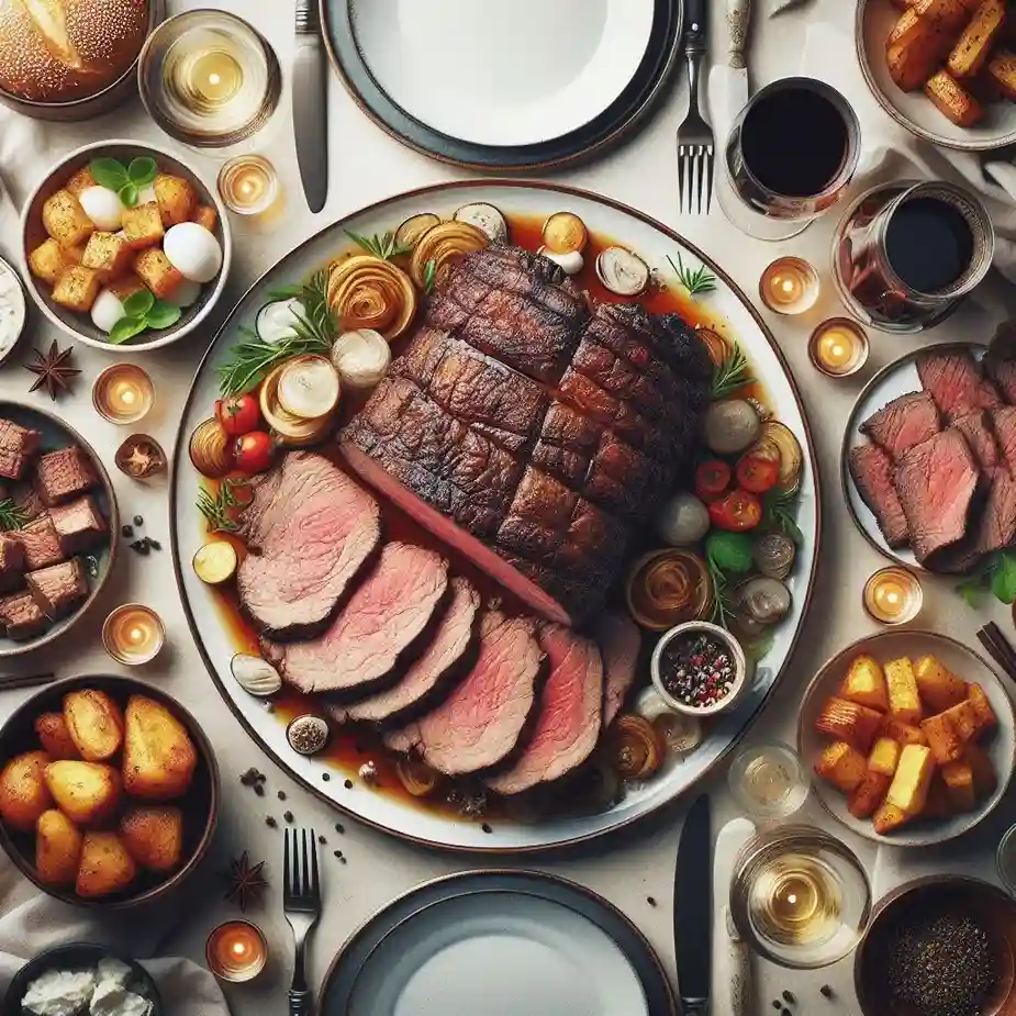 A beautifully roasted ribeye at the center of a dinner table, surrounded by elegant sides, wine, and guests sharing a meal