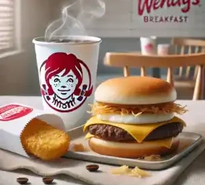 A Wendy’s breakfast combo featuring a hearty cheeseburger with crispy fried onions, melted cheese, and a soft bun, served with a steaming cup of coffee and a golden cornbread muffin.