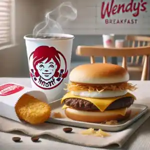 A Wendy’s breakfast combo featuring a hearty cheeseburger with crispy fried onions, melted cheese, and a soft bun, served with a steaming cup of coffee and a golden cornbread muffin.