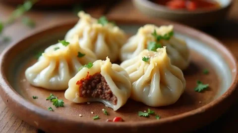 Achuk and Kilka chipped beef flour dumplings on a rustic plate with dipping sauce, garnished with fresh herbs."