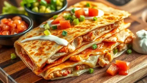 Applebee's Chicken Quesadilla with melted cheese and grilled chicken on a wooden plate, served with sour cream, guacamole, and pico de gallo.