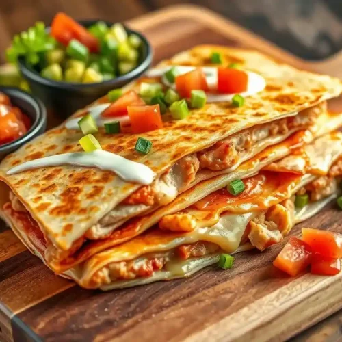 Applebee's Chicken Quesadilla with melted cheese and grilled chicken on a wooden plate, served with sour cream, guacamole, and pico de gallo.