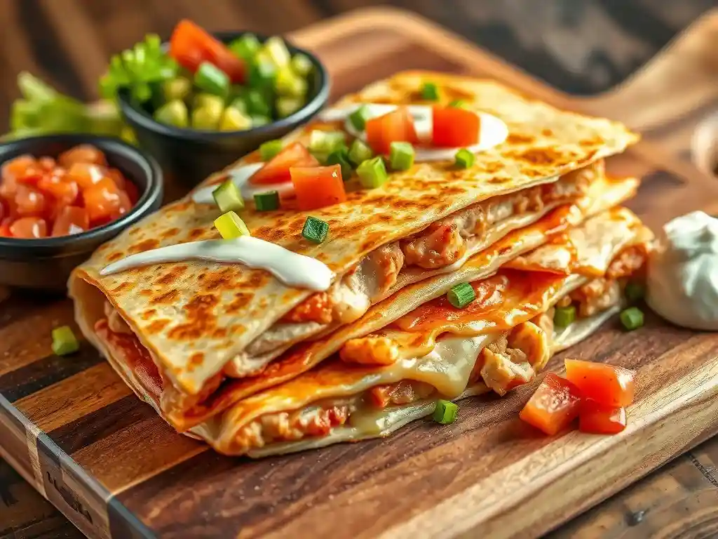 Applebee's Chicken Quesadilla with melted cheese and grilled chicken on a wooden plate, served with sour cream, guacamole, and pico de gallo.