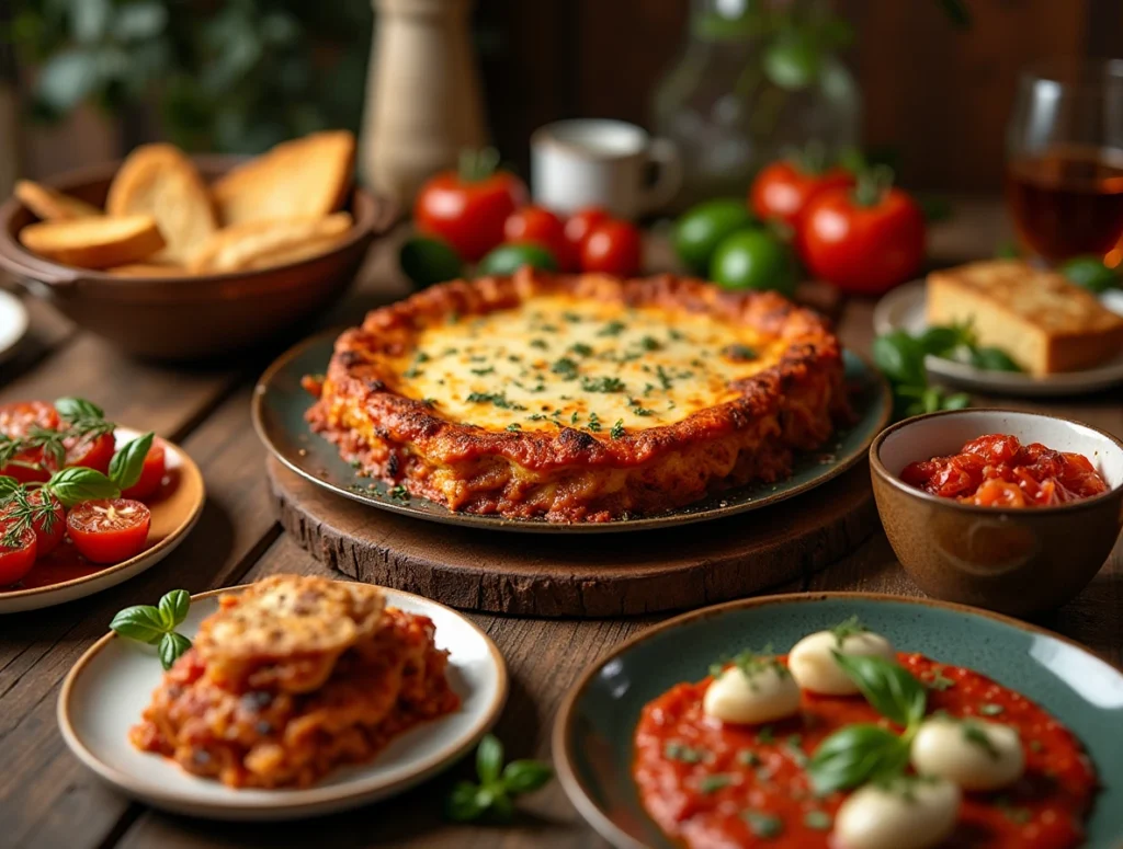 An inviting Italian dinner table showcasing appetizers for lasagna dinner with bruschetta, Caprese skewers, garlic breadsticks, and a baked lasagna centerpiece.