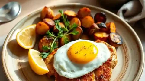 A beautifully presented chicken breakfast recipe, featuring pan-seared chicken, a sunny-side-up egg, roasted potatoes, and fresh herbs, served with a side of coffee and orange juice on a rustic breakfast table.