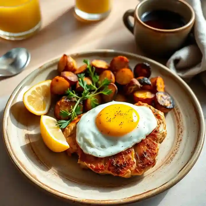 A beautifully presented chicken breakfast recipe, featuring pan-seared chicken, a sunny-side-up egg, roasted potatoes, and fresh herbs, served with a side of coffee and orange juice on a rustic breakfast table.