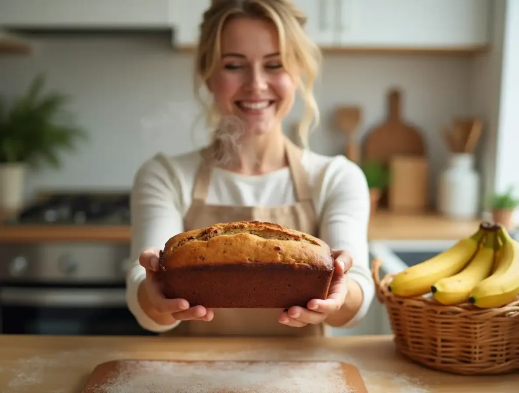 A smiling woman holding a freshly baked loaf of 2 bananas banana bread in a cozy kitchen with a basket of ripe bananas on the counter.