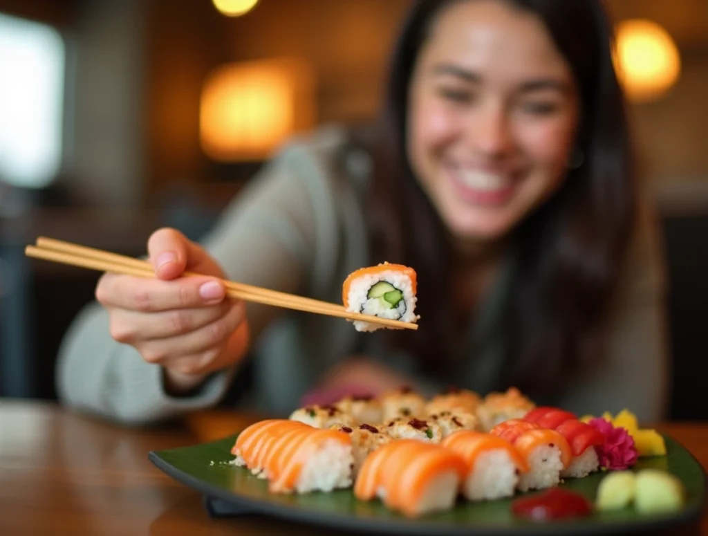 A diner holding sushi with chopsticks, smiling over a colorful sushi platter.