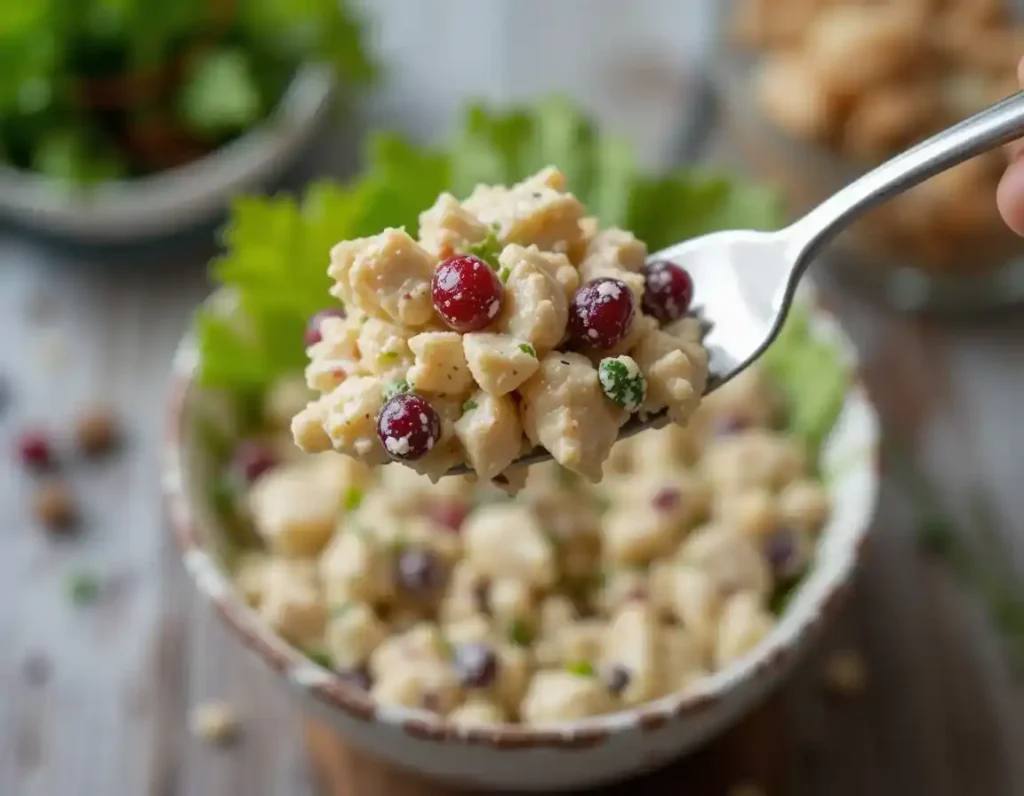 A close-up of a forkful of premade chicken salad with cranberries and parsley.