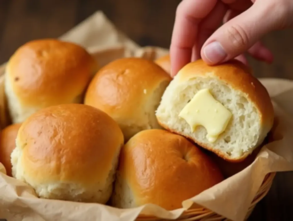 Hand reaching for a soft buttered dinner roll, freshly baked and golden-brown, with melted butter on top, from a no-yeast recipe.