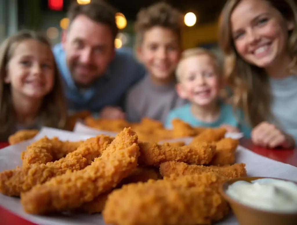 Family enjoying Braum's chicken tenders together at dinner