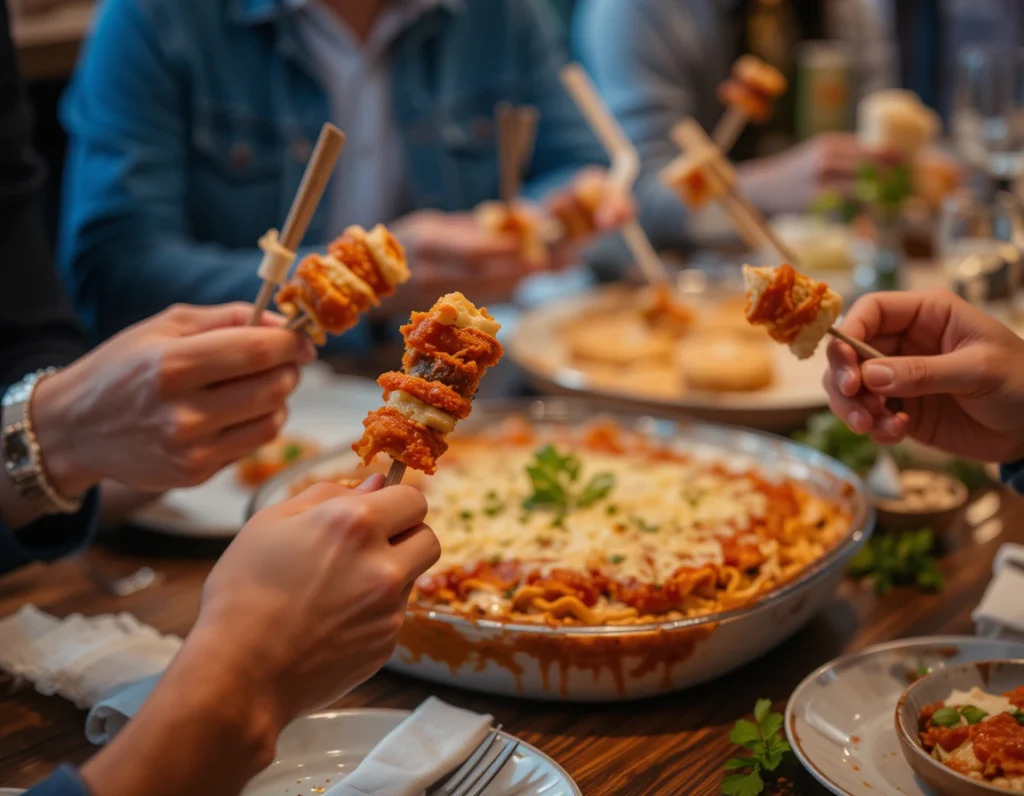 Guests enjoying appetizers for lasagna dinner with skewers and breadsticks, with a lasagna dish in the background on a cozy dinner table.