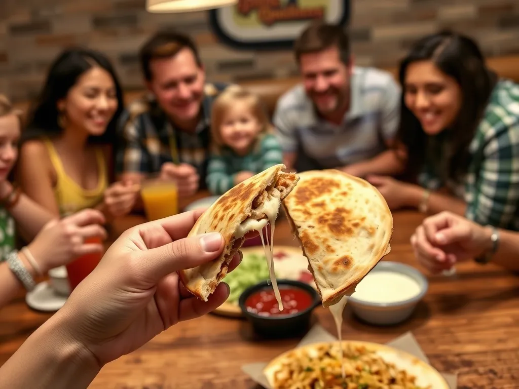 Family enjoying Applebee’s Chicken Quesadilla together at a dinner table, with cheesy quesadilla slices and dipping sauces.