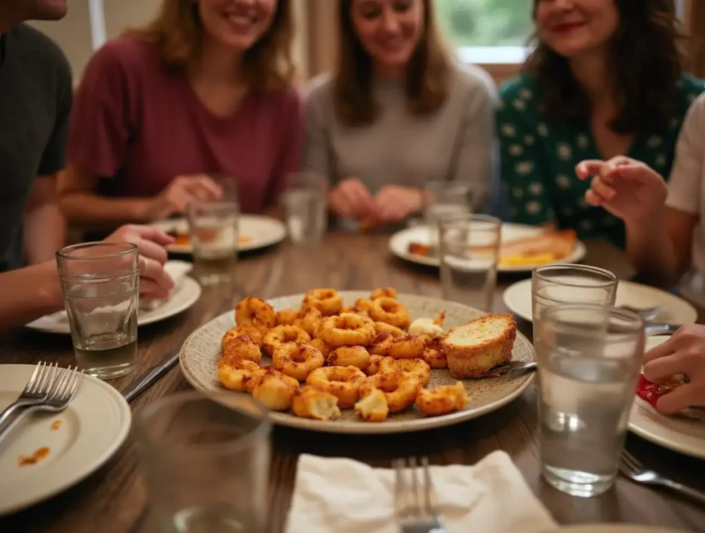 A happy group of people enjoying the aftermath of a successful finger food spread, with empty platters and lively conversation around the table.