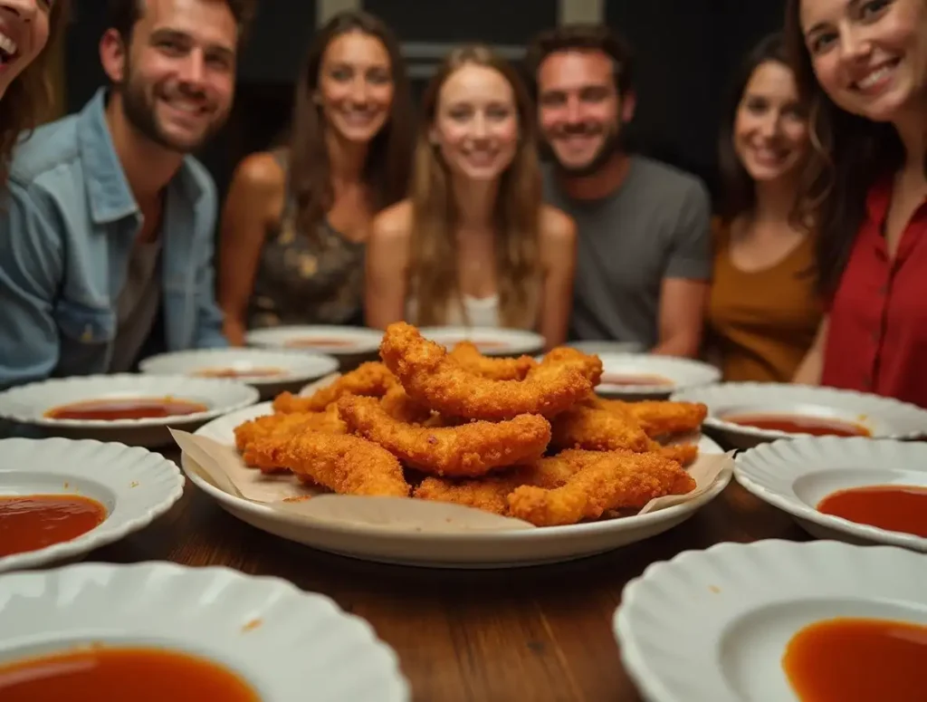 An empty platter with leftover dipping bowls and happy guests in the background, showing the success of cauliflower spicy chicken tenders