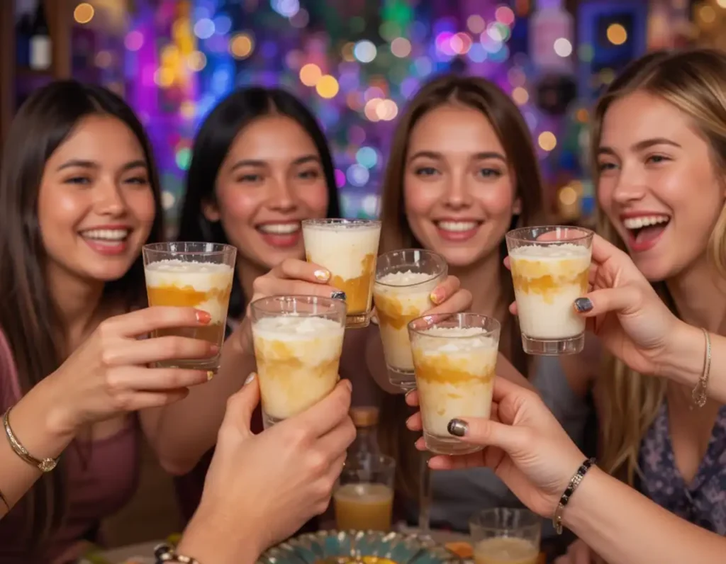 A group of friends toasting with Buttery Nipple Recipe shots at a party