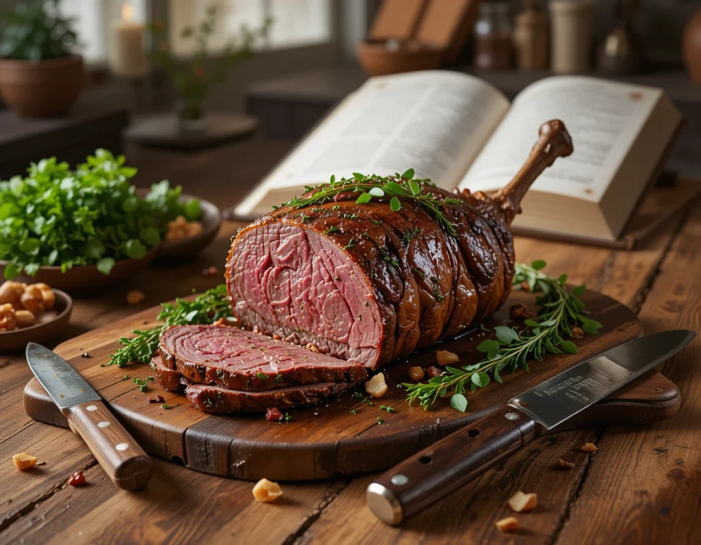 Venison roast as a centerpiece in a cozy, rustic kitchen setting.