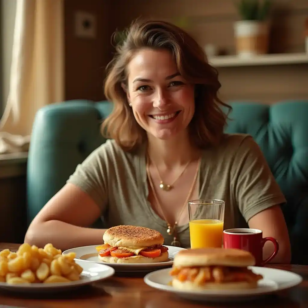 A smiling woman enjoying a delicious breakfast with Wendy’s-inspired sandwiches, crispy potatoes, a cup of coffee, and a glass of fresh orange juice in a cozy dining setting.