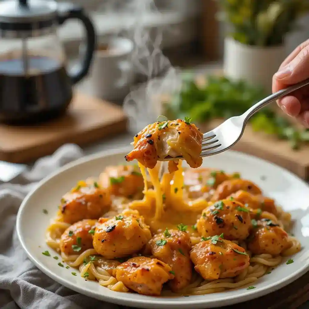 A steaming plate of cheesy chicken pasta, featuring tender, golden-brown chicken bites coated in a rich, melted cheese sauce, served over a bed of pasta with fresh herbs