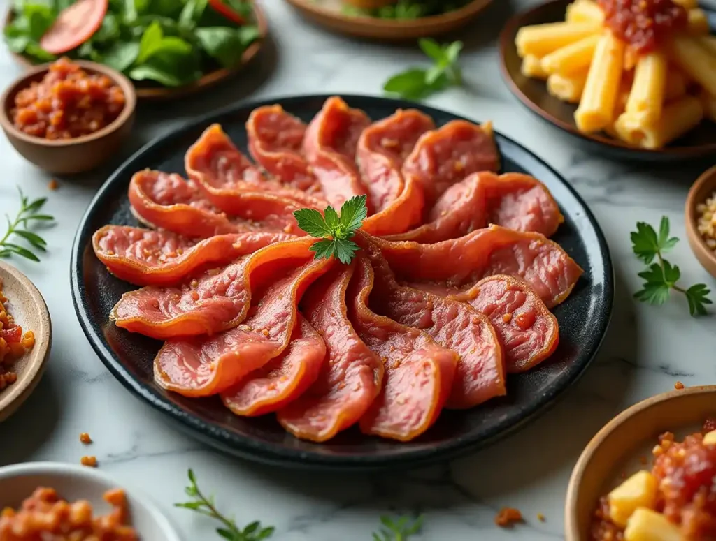 Beef bacon served with a salad, sandwich, and pasta on a marble table.