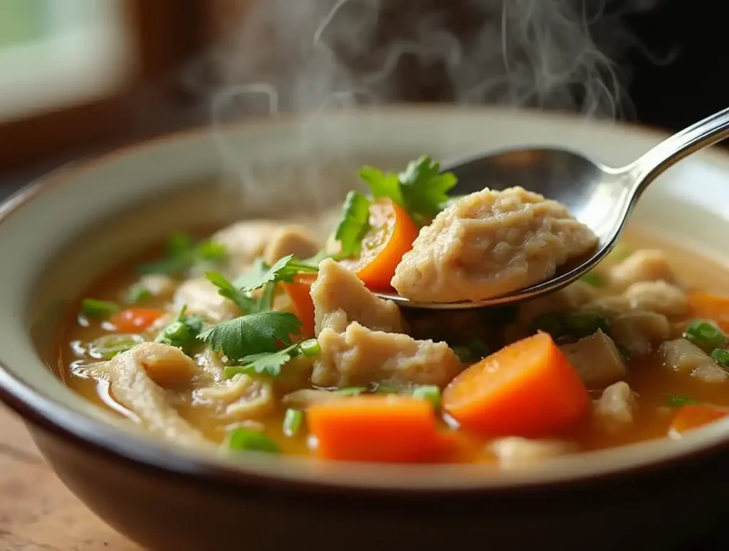 Close-up of caldo de pollo with chicken, vegetables, and fresh garnishes.