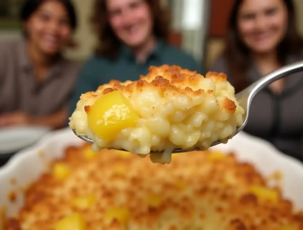 Close-up of a spoon scooping pineapple casserole with a happy family dining in the background.