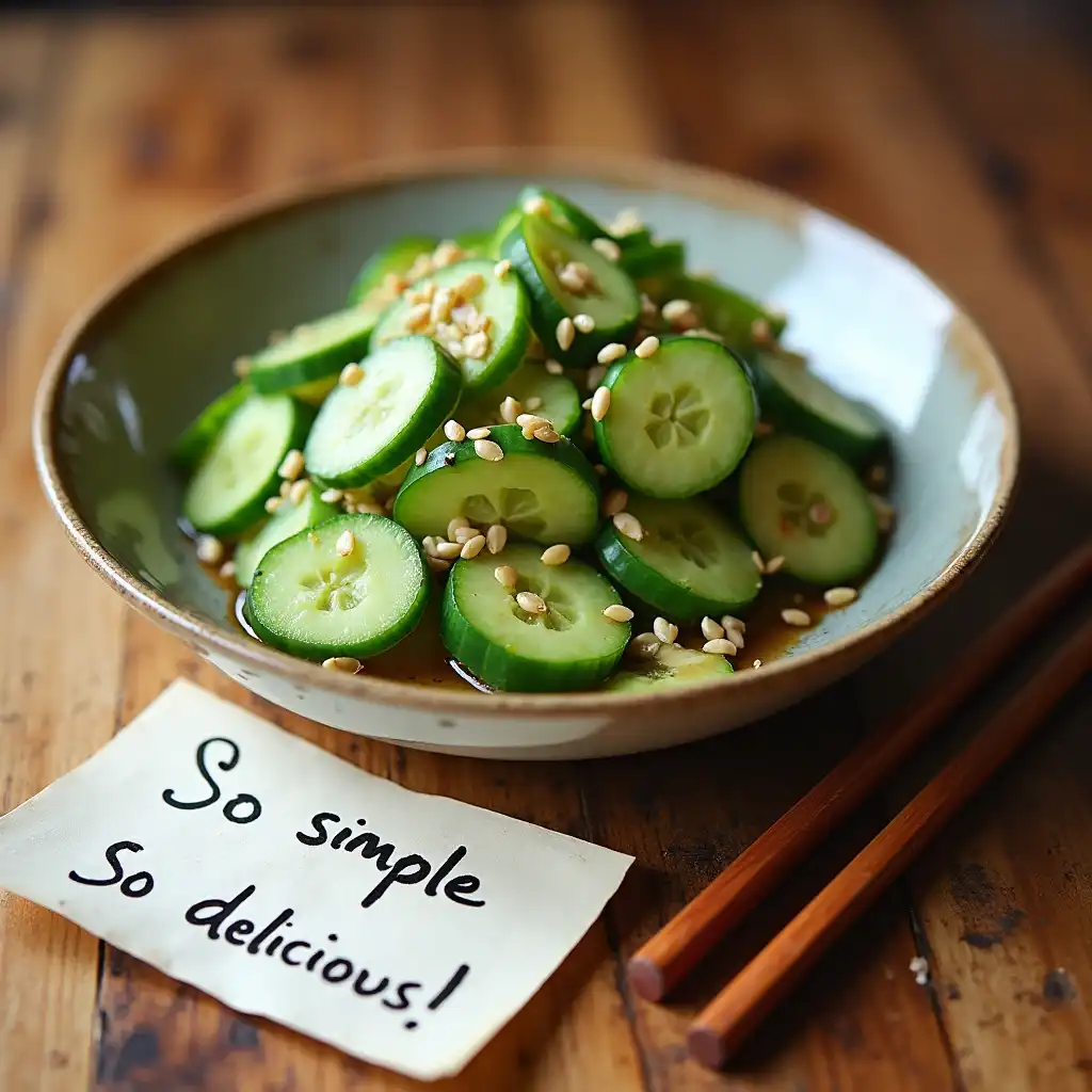 A plate of completed Din Tai Fung-inspired cucumber salad with a note of encouragement.