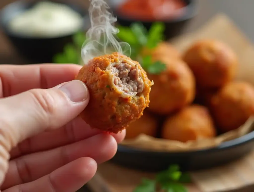 Freshly baked sausage balls without Bisquick held in hand, with steam rising.