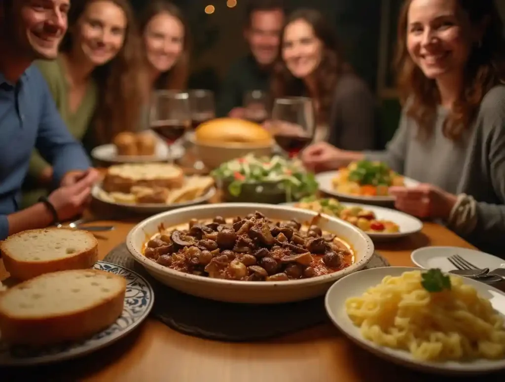 A shared meal featuring wild mushrooms served with pasta, bread, and salad.