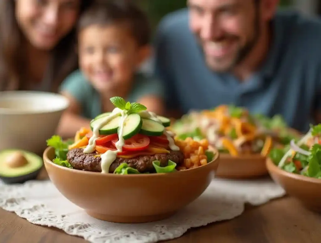 Close-up of a vibrant burger bowl with a family enjoying it in the background."