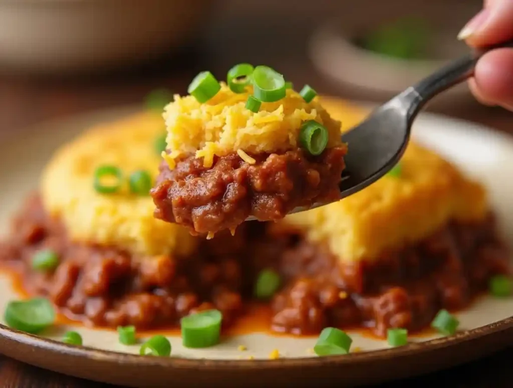 Close-up of a fork with a bite of cornbread-topped chili pie.