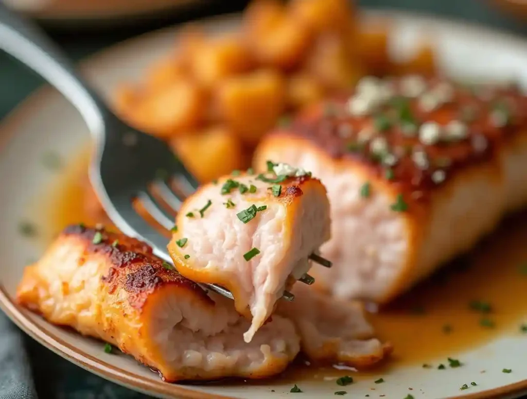 Close-up of flaky steelhead trout with sides in the background."