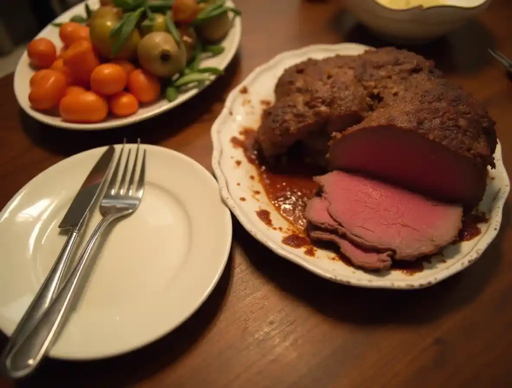 Nearly finished platter of roast beef pussy with an empty plate nearby.