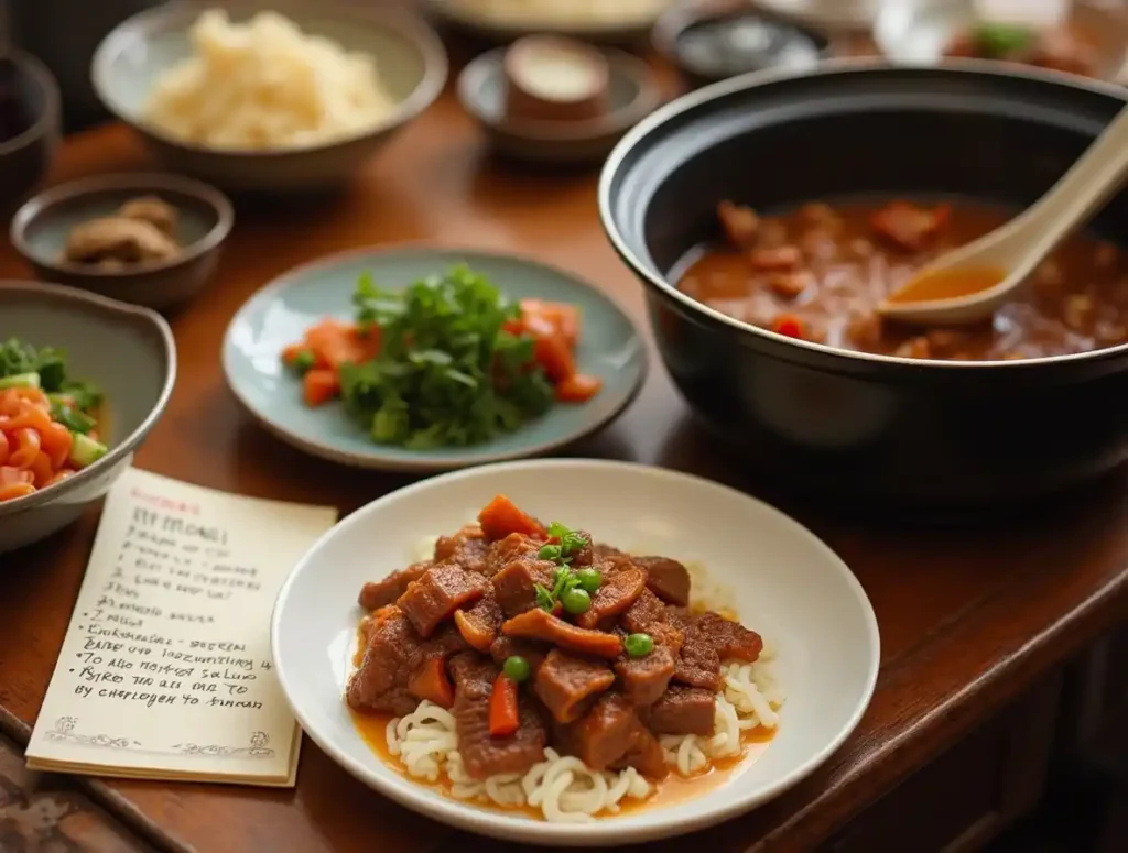 Empty dish and pot with beef tendon leftovers on a dining table.