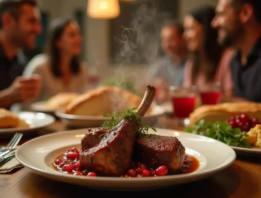 A warm dinner table featuring a plated Bone In Shank Recipe in Pressure Cooker meal, served in a cozy family setting for a comforting dining experience.