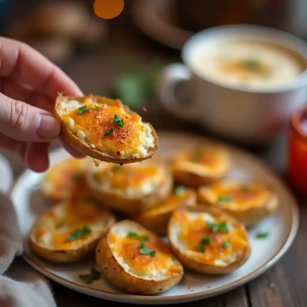 A person enjoying Cottage Cheese Air Fryer Baked Potato Skins, served on a cozy dining table with warm lighting.