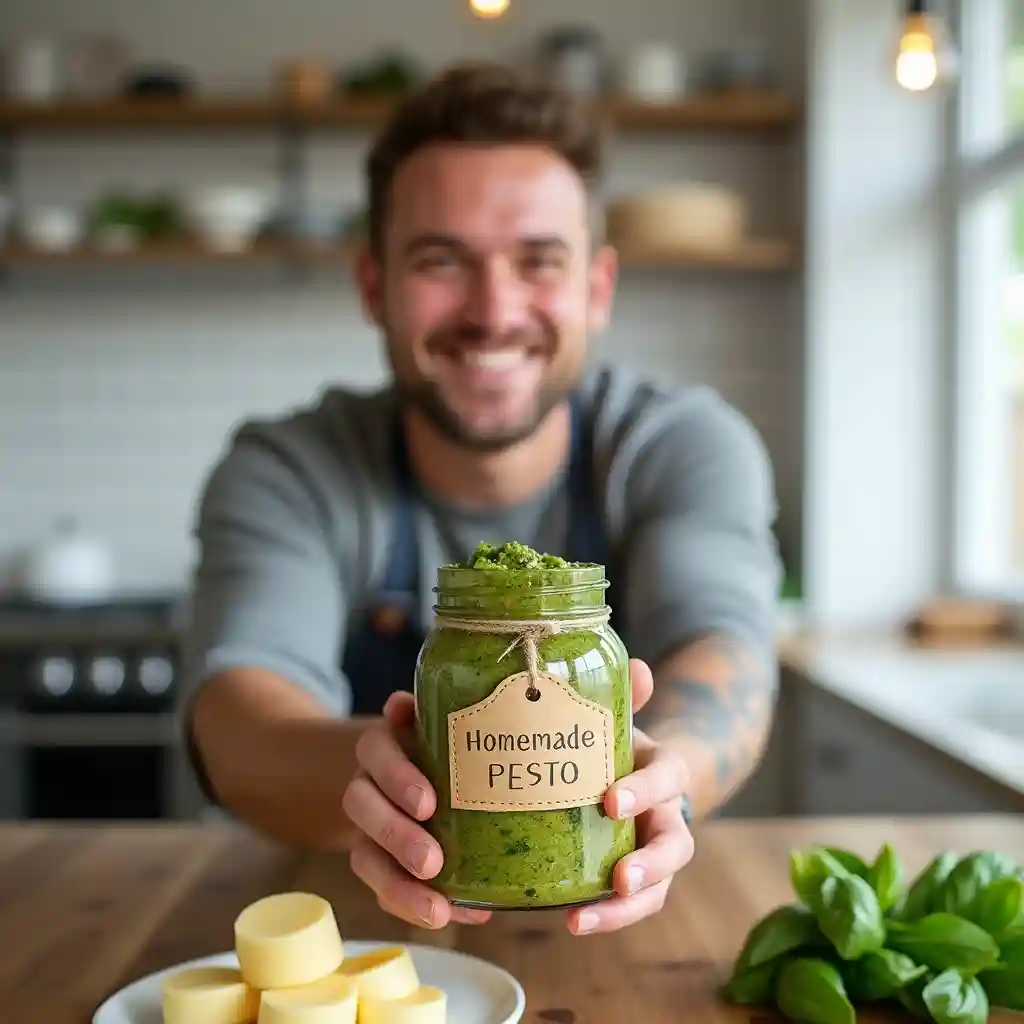 A cook holding a jar of homemade cottage cheese provolone pesto in a bright kitchen.