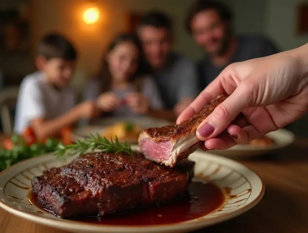 A hand picking up a BBQ-glazed beef back rib from a platter, with a family enjoying the meal in the background.