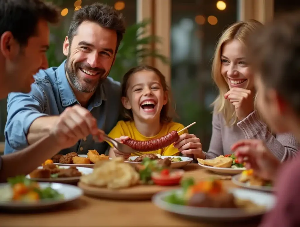 A family enjoying a meal with beef sausage as the centerpiece.