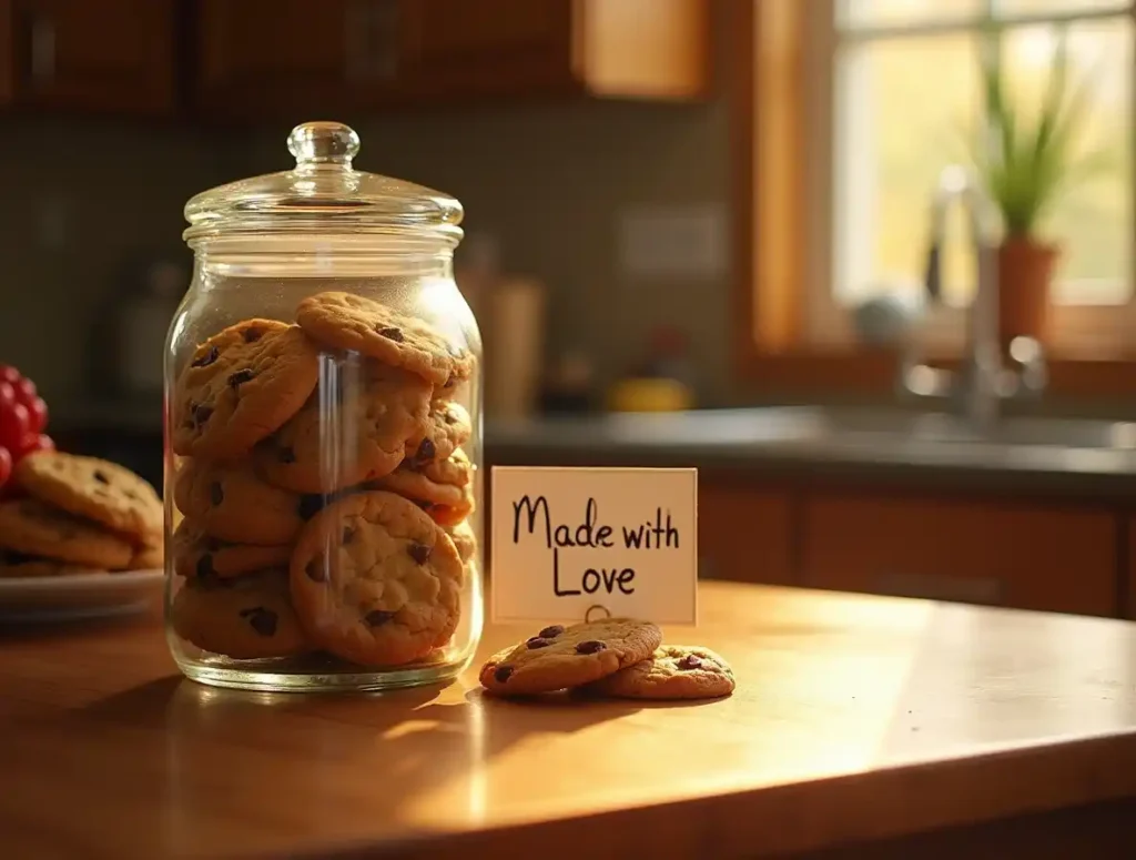 An open cookie jar filled with freshly baked Nestle Toll House chocolate chip cookies.