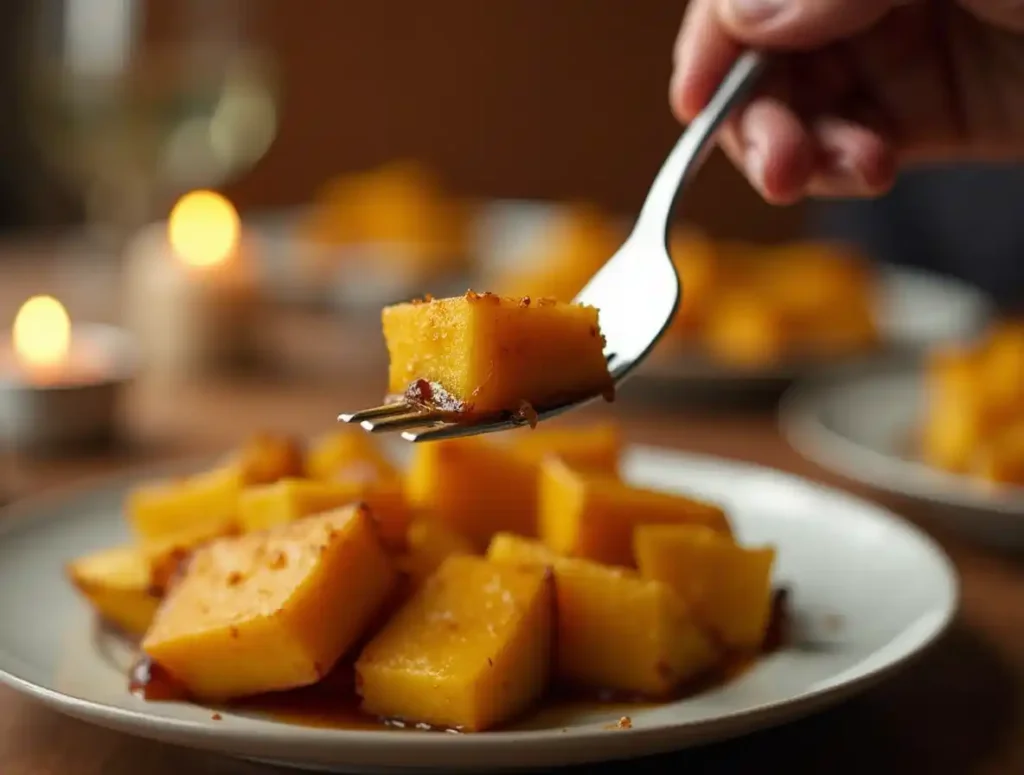 A close-up of a fork lifting a piece of roasted kabocha squash with sesame seeds.