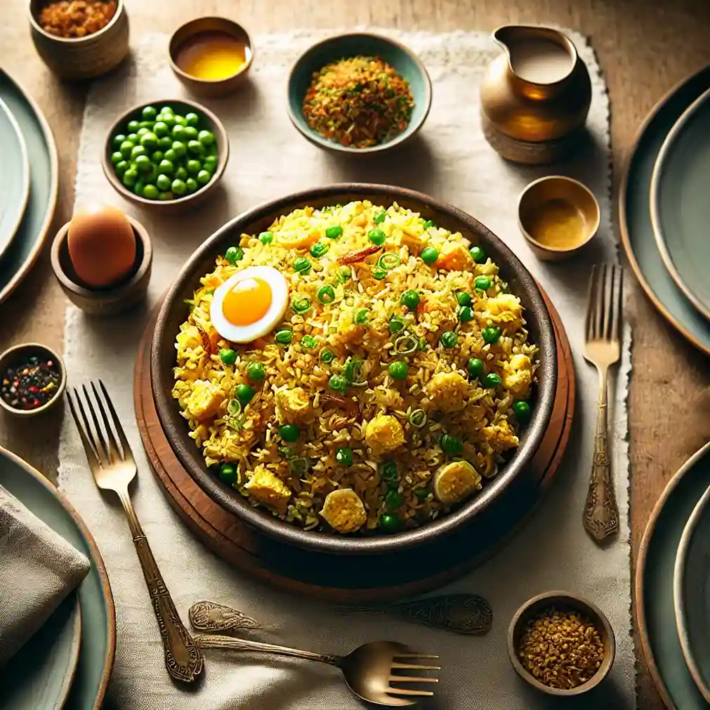 A warm, inviting setup with a steaming plate of Anjappar Egg Fried Rice as the centerpiece, ready to be served