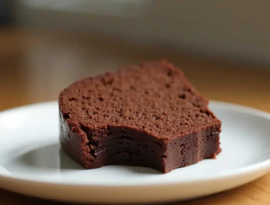 A slice of chocolate cream cheese pound cake with a bite taken out, highlighting its texture.