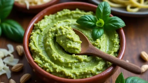 A bowl of creamy cottage cheese provolone pesto with fresh basil, provolone cheese, and pine nuts, placed on a rustic wooden table.