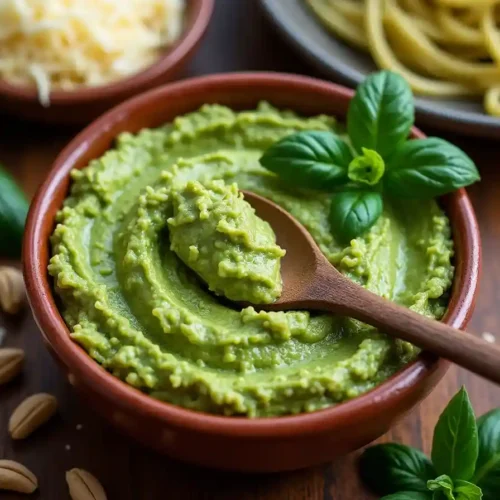 A bowl of creamy cottage cheese provolone pesto with fresh basil, provolone cheese, and pine nuts, placed on a rustic wooden table.