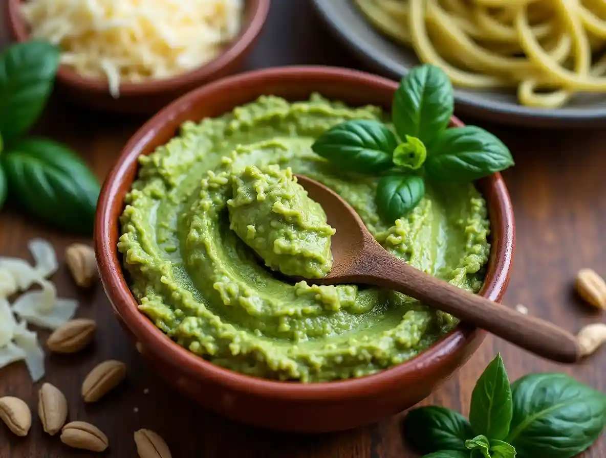 A bowl of creamy cottage cheese provolone pesto with fresh basil, provolone cheese, and pine nuts, placed on a rustic wooden table.