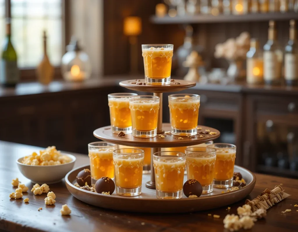 Buttery Nipple Recipe shots on a tray with caramel popcorn and truffles.