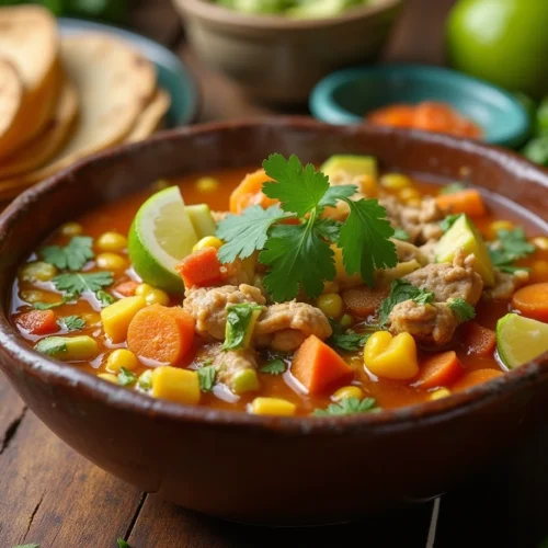 A bowl of caldo de pollo with chicken, vegetables, and fresh garnishes on a rustic table.